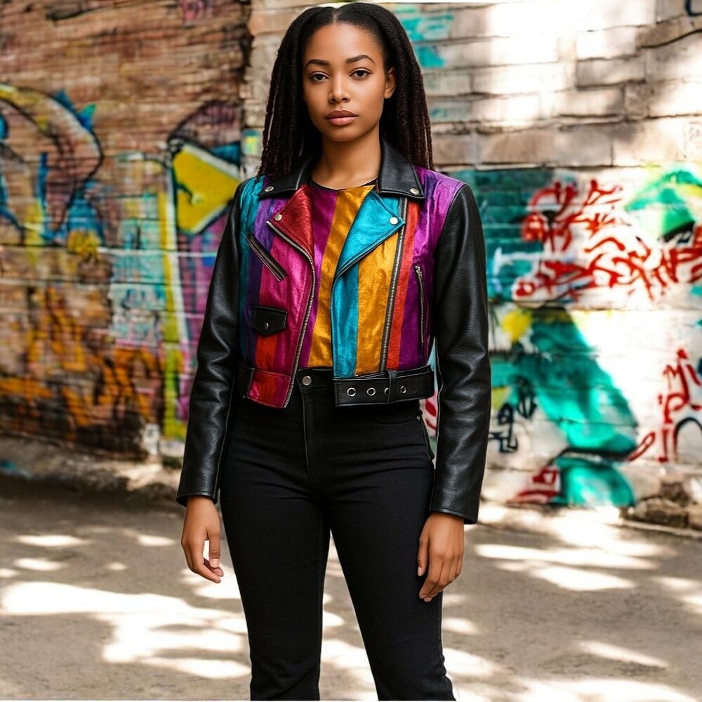 Dance & Marvel Moto Jacket Womens S Vintage 90s Multicolor Stripe Belted Zip Up